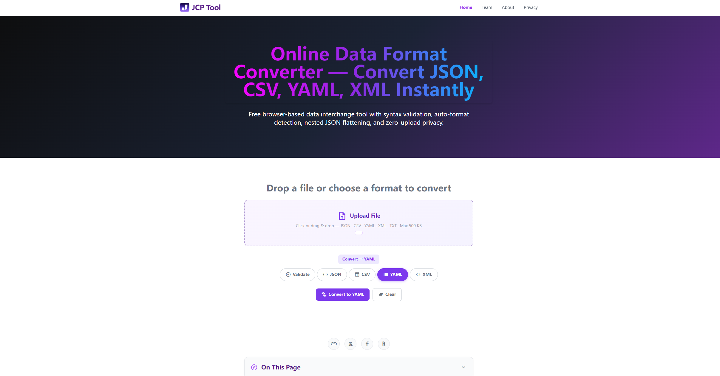 JCP Tool Data Format Converter — Format pill selector with Validate/JSON/CSV/YAML/XML modes, input area with file upload, preview canvas with syntax highlighting, and download button